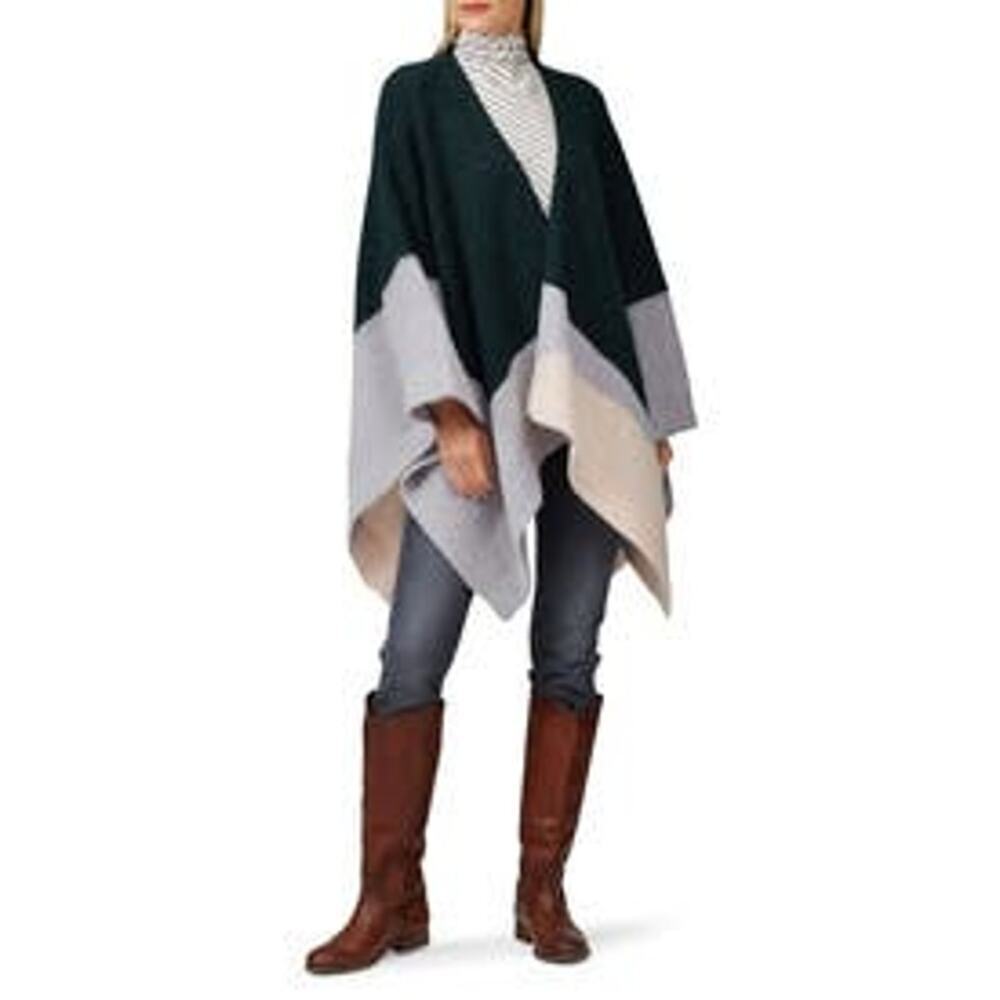 ELK Kulture Wrap Blockknit Poncho Green Light Blue Colorblock Wool Alpaca Blend